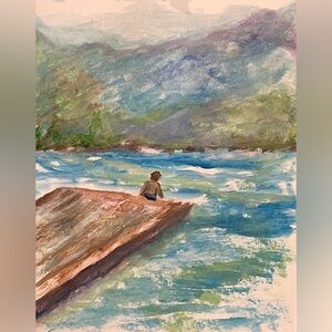 Original hand painted on paper, landscape, water, summer scene wall art